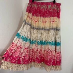 Sunndance Boho Tiered Cotton Lace Trim Maxi Skirt size XL